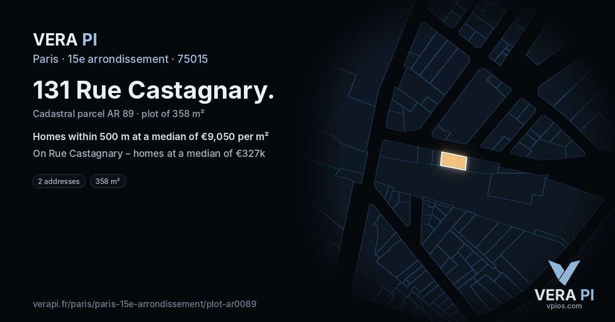 131 Rue Castagnary, 15e arrondissement at night – the plot lit, the parcels around coloured by the prices near them