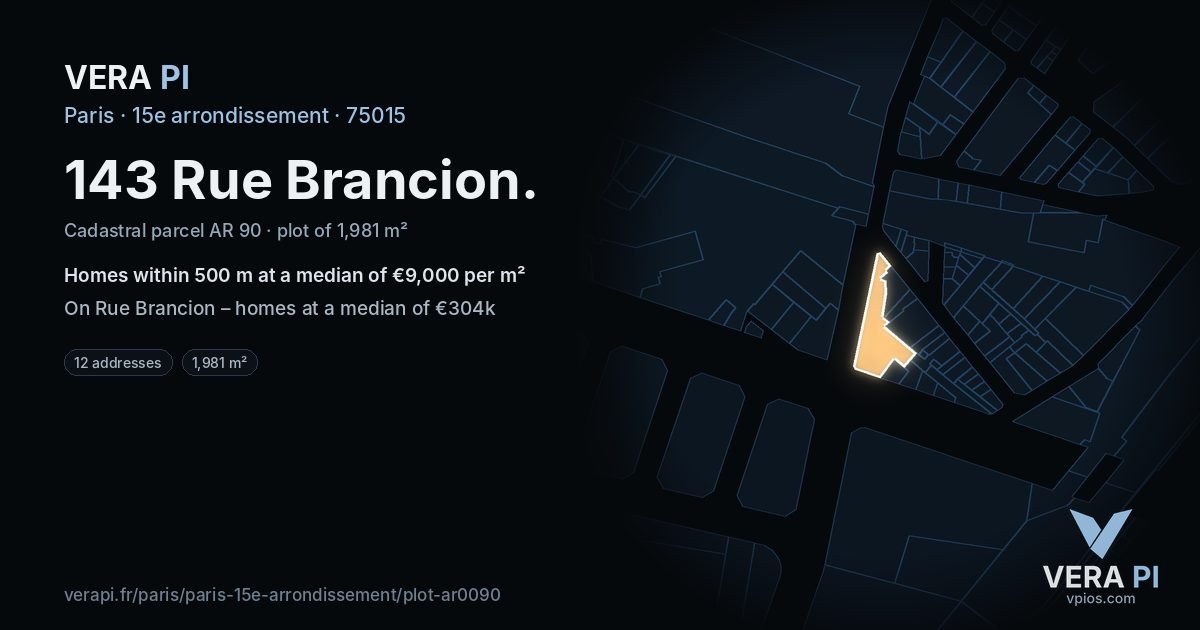 143 Rue Brancion, 15e arrondissement at night – the plot lit, the parcels around coloured by the prices near them