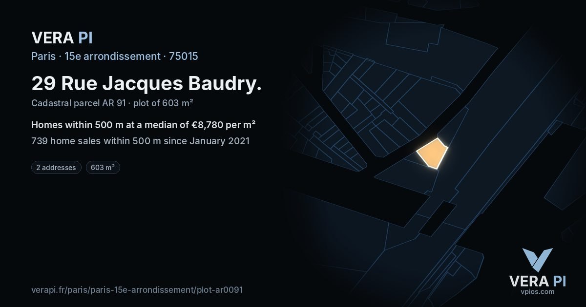 29 Rue Jacques Baudry, 15e arrondissement at night – the plot lit, the parcels around coloured by the prices near them