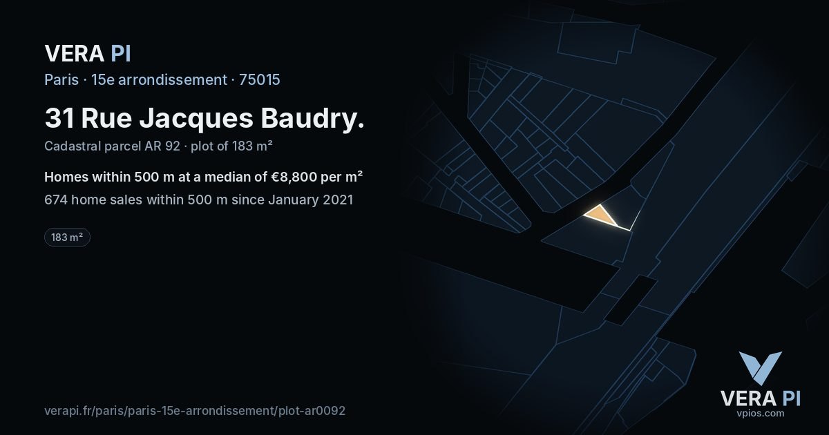 31 Rue Jacques Baudry, 15e arrondissement at night – the plot lit, the parcels around coloured by the prices near them