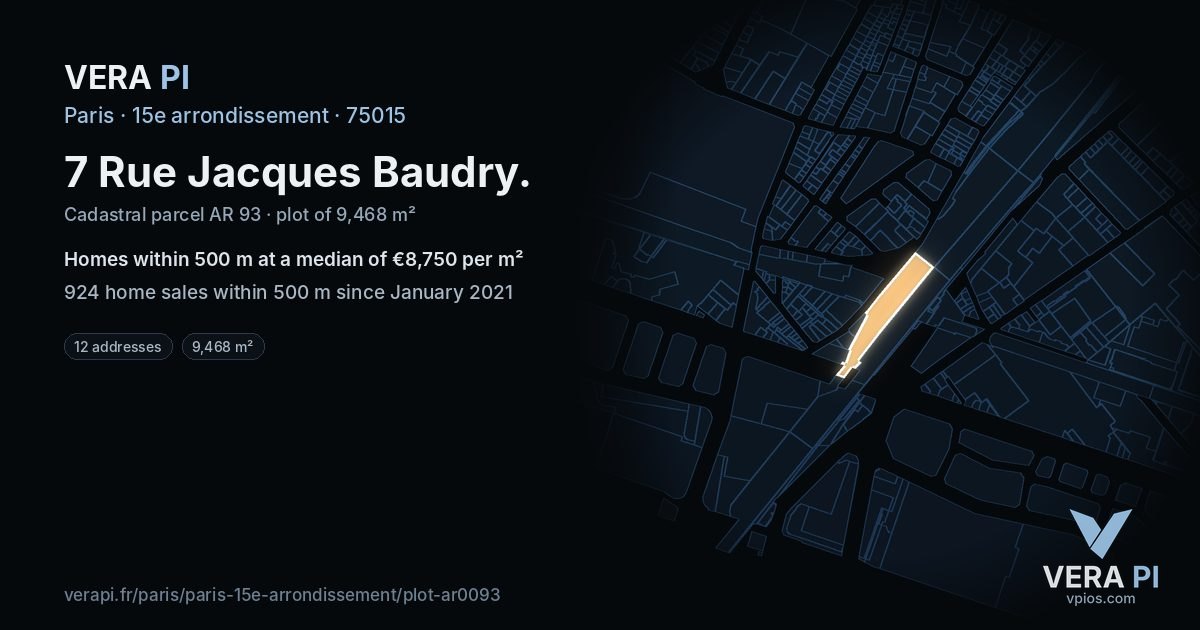 7 Rue Jacques Baudry, 15e arrondissement at night – the plot lit, the parcels around coloured by the prices near them