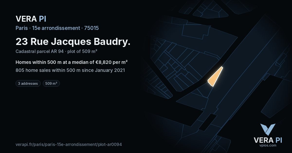 23 Rue Jacques Baudry, 15e arrondissement at night – the plot lit, the parcels around coloured by the prices near them