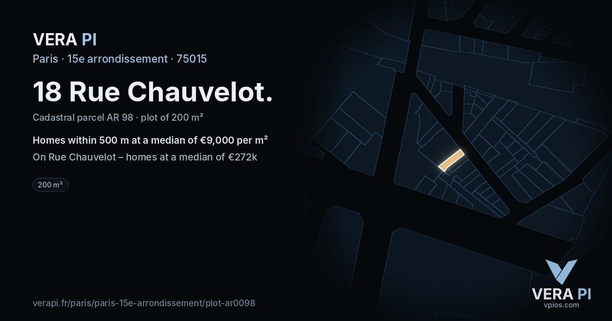 18 Rue Chauvelot, 15e arrondissement at night – the plot lit, the parcels around coloured by the prices near them
