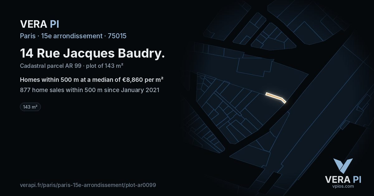 14 Rue Jacques Baudry, 15e arrondissement at night – the plot lit, the parcels around coloured by the prices near them