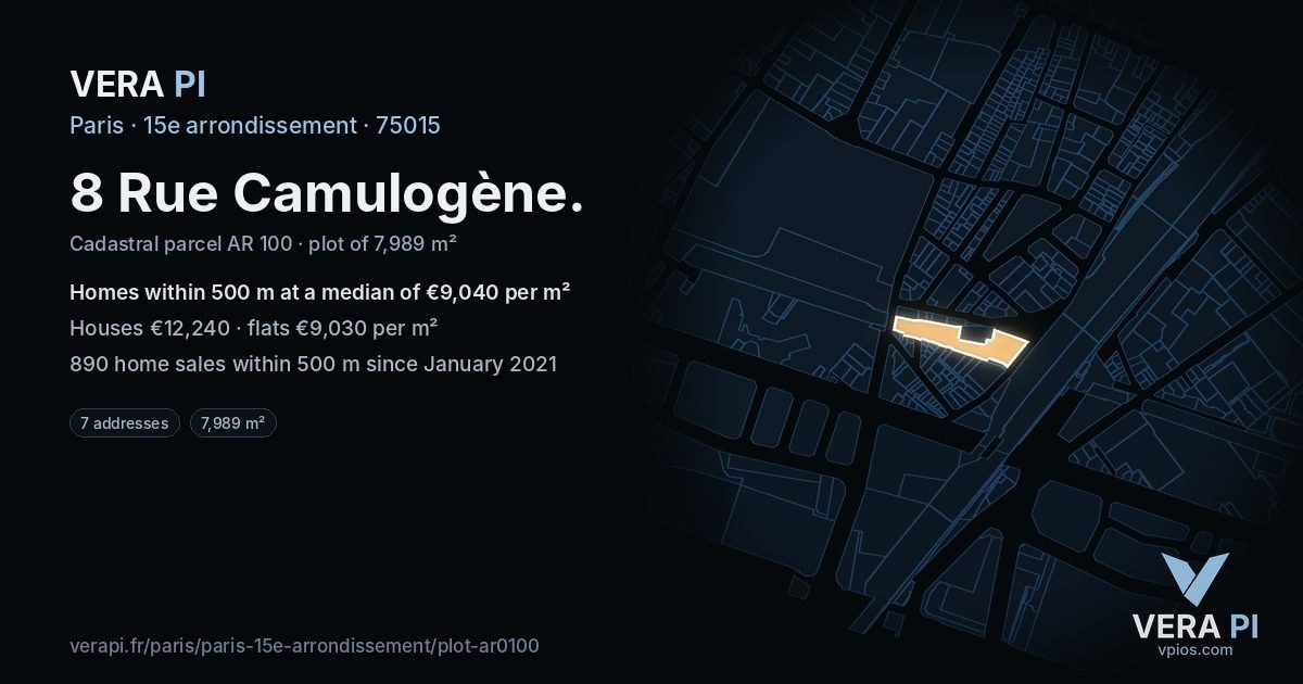 8 Rue Camulogène, 15e arrondissement at night – the plot lit, the parcels around coloured by the prices near them