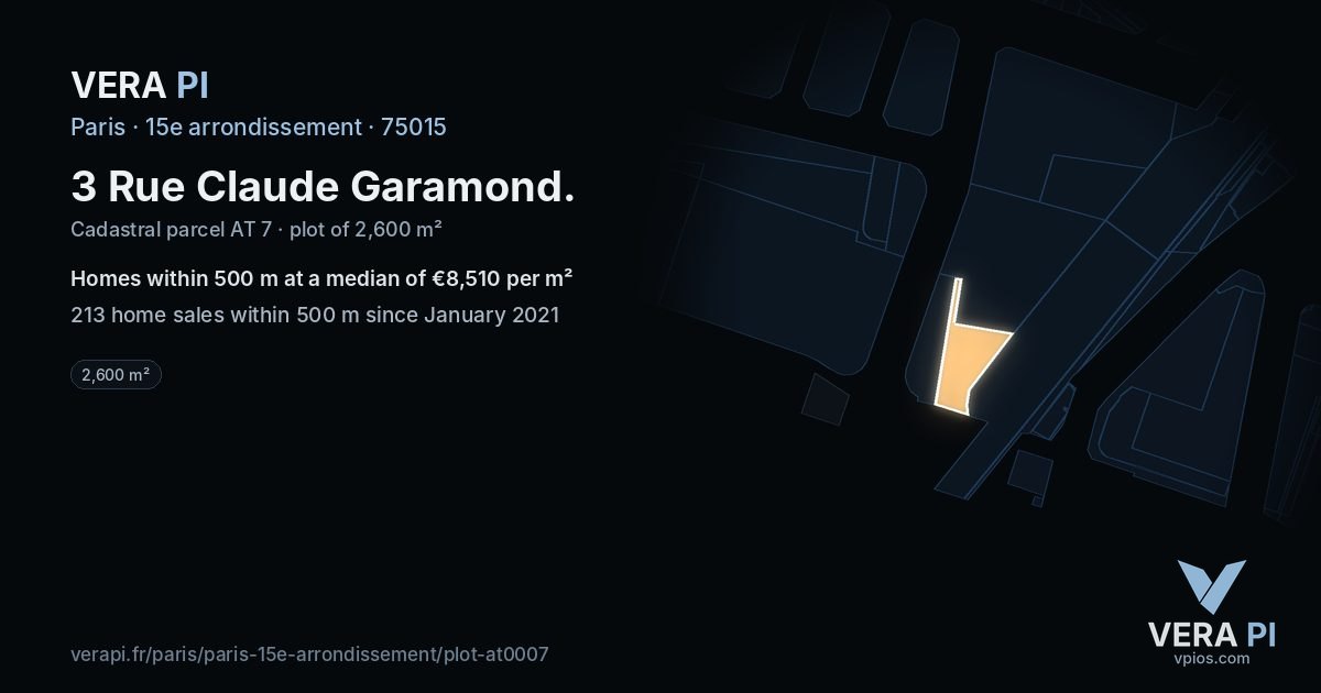 3 Rue Claude Garamond, 15e arrondissement at night – the plot lit, the parcels around coloured by the prices near them