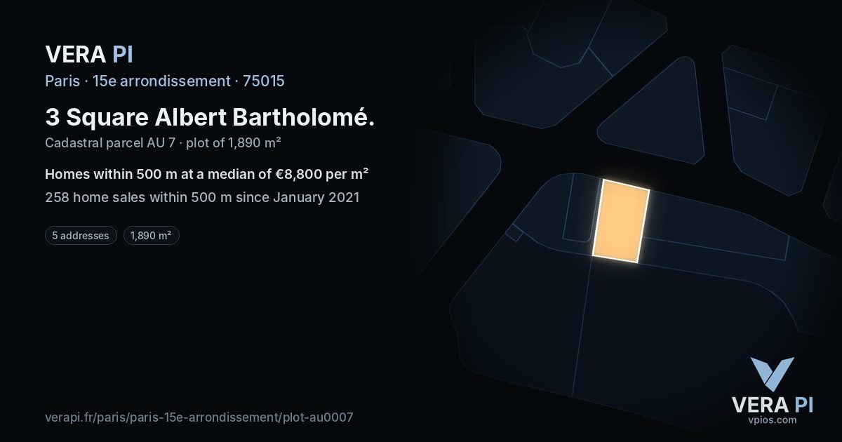 3 Square Albert Bartholomé, 15e arrondissement at night – the plot lit, the parcels around coloured by the prices near them