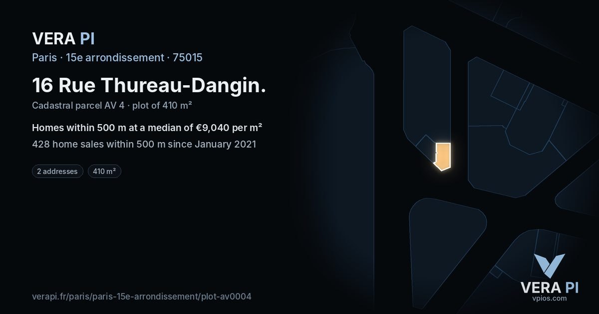 16 Rue Thureau-Dangin, 15e arrondissement at night – the plot lit, the parcels around coloured by the prices near them