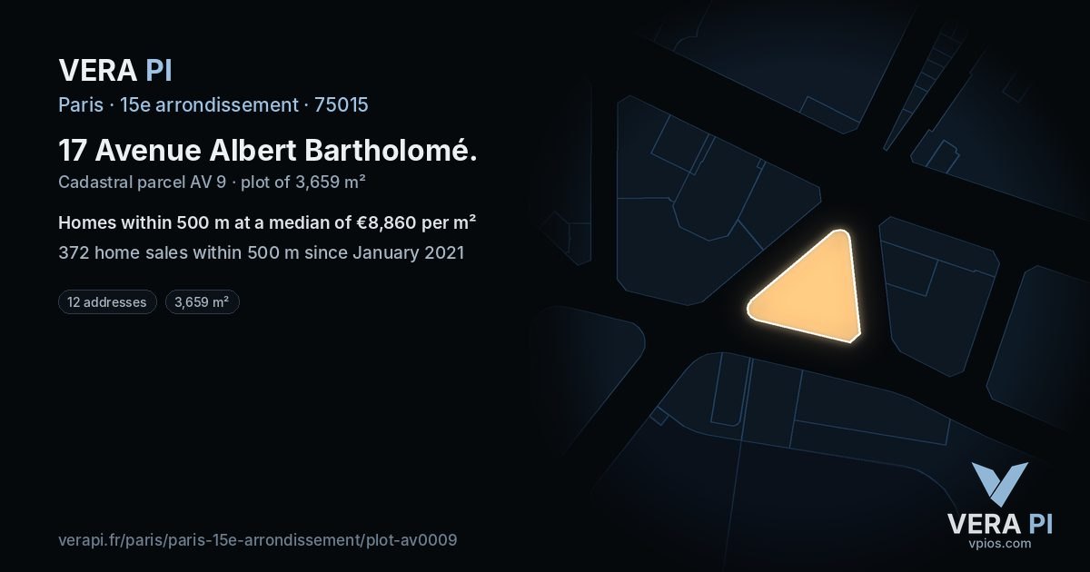 17 Avenue Albert Bartholomé, 15e arrondissement at night – the plot lit, the parcels around coloured by the prices near them