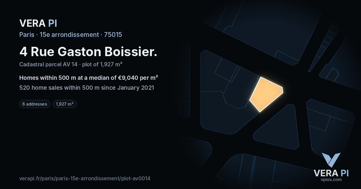 4 Rue Gaston Boissier, 15e arrondissement at night – the plot lit, the parcels around coloured by the prices near them