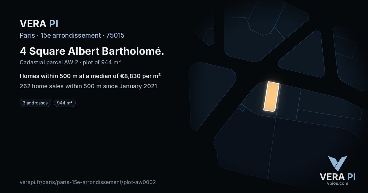 4 Square Albert Bartholomé, 15e arrondissement at night – the plot lit, the parcels around coloured by the prices near them