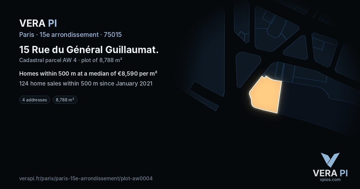 15 Rue du Général Guillaumat, 15e arrondissement at night – the plot lit, the parcels around coloured by the prices near them