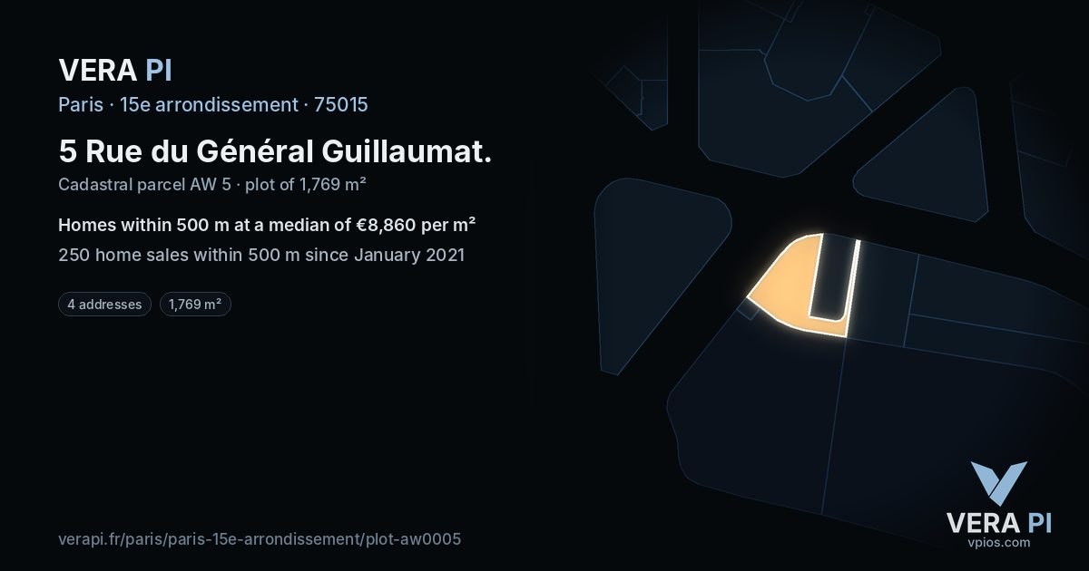 5 Rue du Général Guillaumat, 15e arrondissement at night – the plot lit, the parcels around coloured by the prices near them