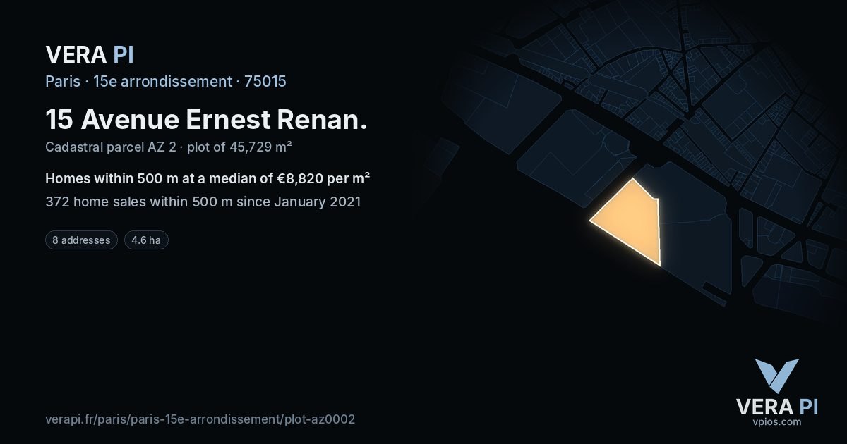 15 Avenue Ernest Renan, 15e arrondissement at night – the plot lit, the parcels around coloured by the prices near them
