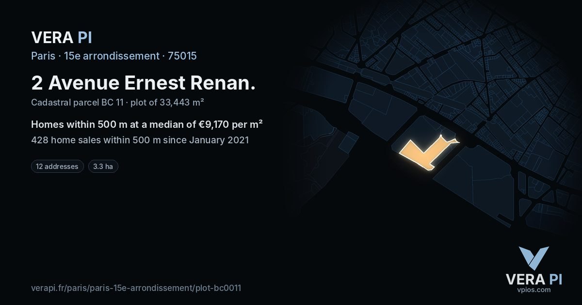 2 Avenue Ernest Renan, 15e arrondissement at night – the plot lit, the parcels around coloured by the prices near them