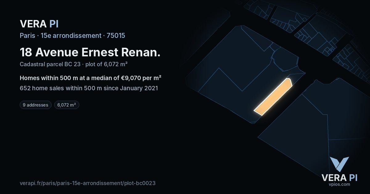 18 Avenue Ernest Renan, 15e arrondissement at night – the plot lit, the parcels around coloured by the prices near them