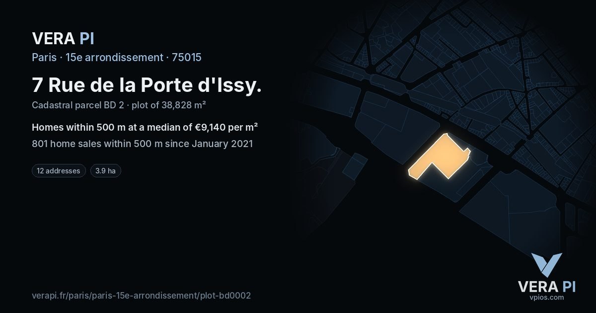 7 Rue de la Porte d'Issy, 15e arrondissement at night – the plot lit, the parcels around coloured by the prices near them