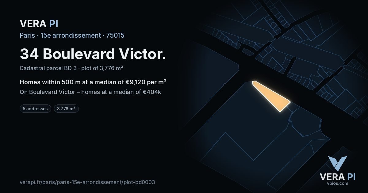 34 Boulevard Victor, 15e arrondissement at night – the plot lit, the parcels around coloured by the prices near them
