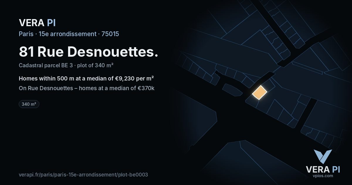 81 Rue Desnouettes, 15e arrondissement at night – the plot lit, the parcels around coloured by the prices near them