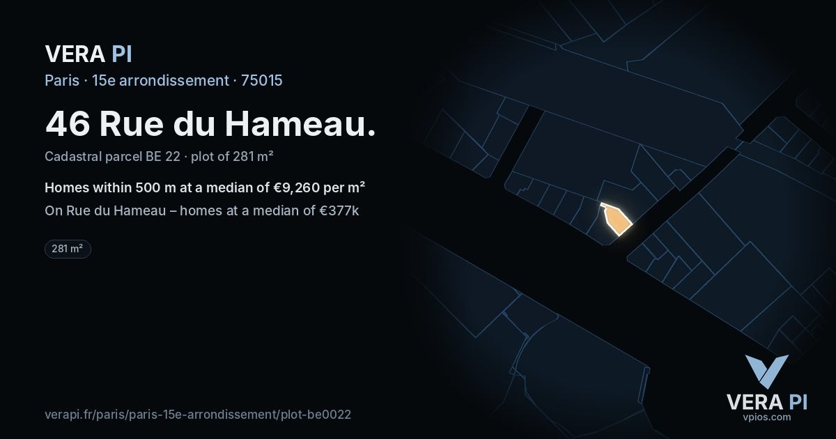 46 Rue du Hameau, 15e arrondissement at night – the plot lit, the parcels around coloured by the prices near them