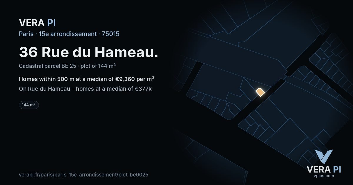 36 Rue du Hameau, 15e arrondissement at night – the plot lit, the parcels around coloured by the prices near them