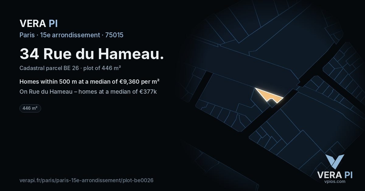 34 Rue du Hameau, 15e arrondissement at night – the plot lit, the parcels around coloured by the prices near them