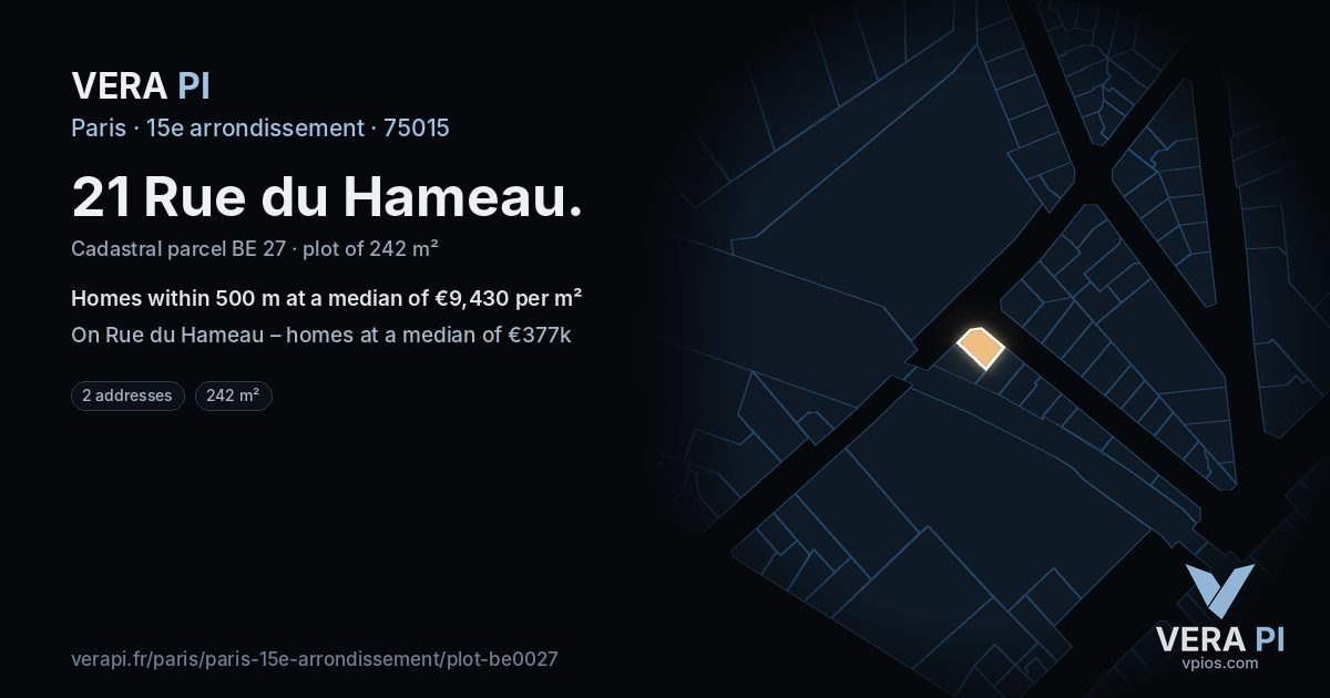 21 Rue du Hameau, 15e arrondissement at night – the plot lit, the parcels around coloured by the prices near them
