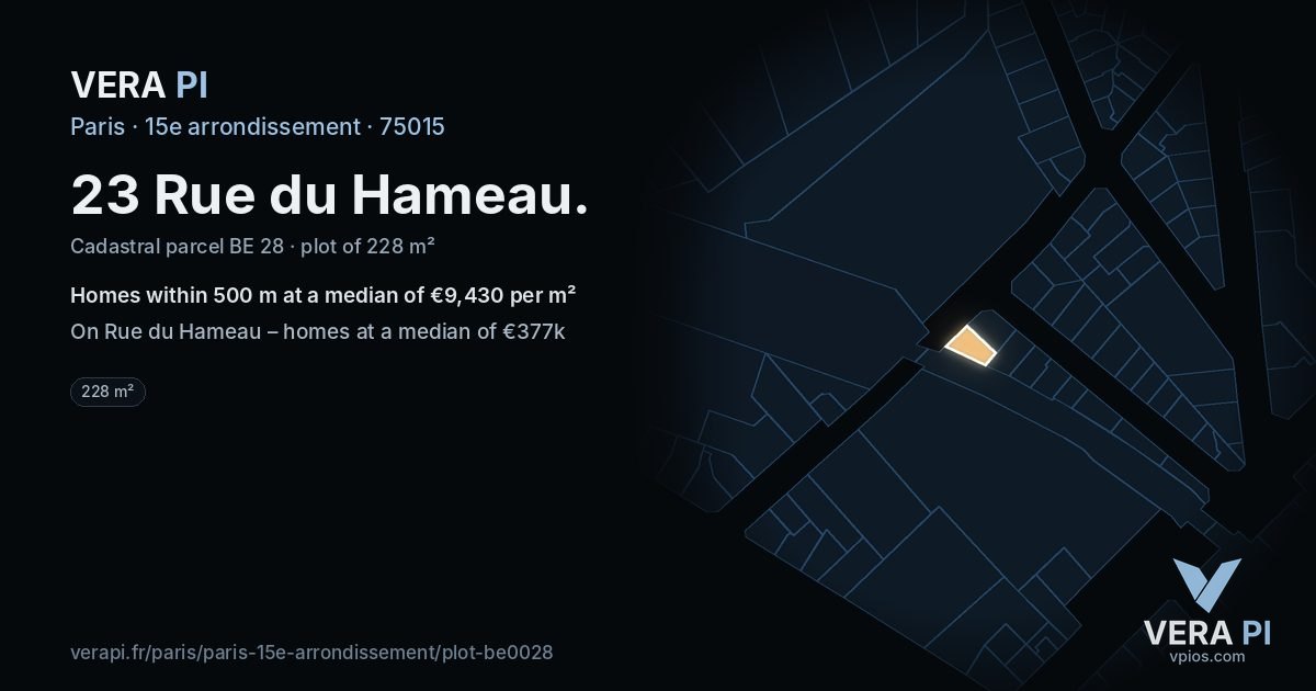 23 Rue du Hameau, 15e arrondissement at night – the plot lit, the parcels around coloured by the prices near them