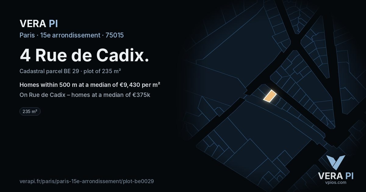 4 Rue de Cadix, 15e arrondissement at night – the plot lit, the parcels around coloured by the prices near them