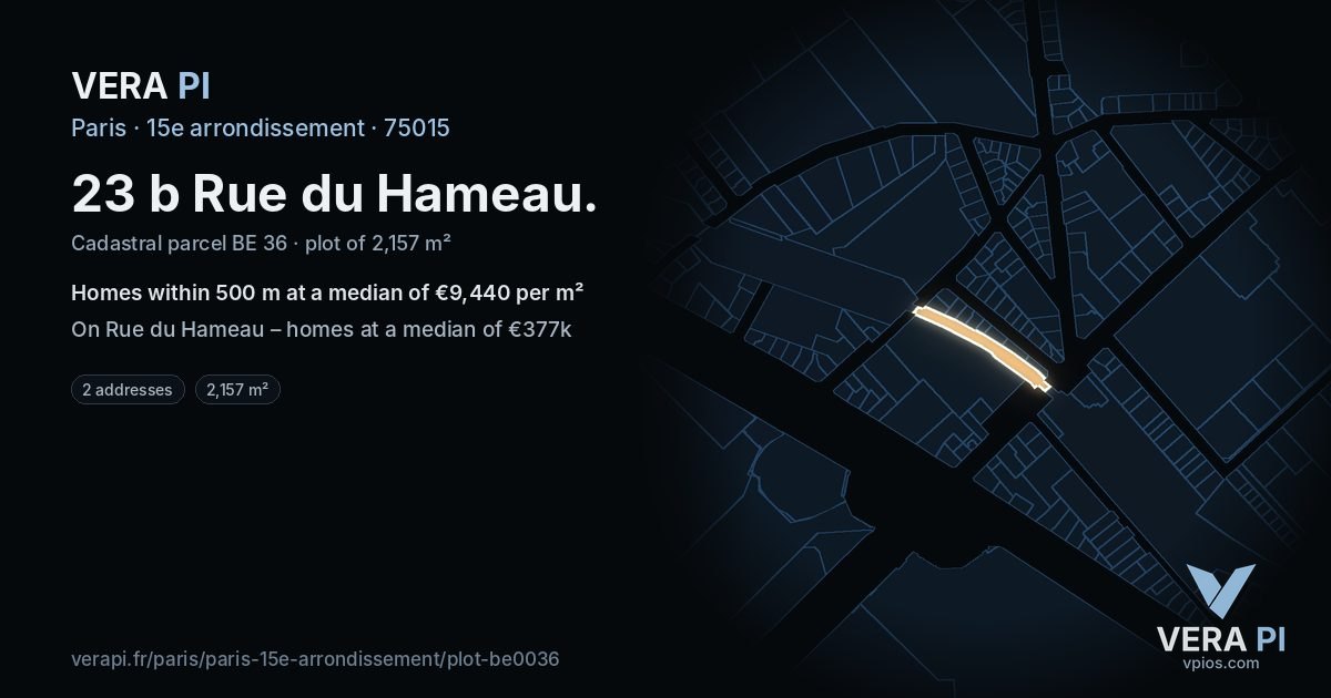 23 b Rue du Hameau, 15e arrondissement at night – the plot lit, the parcels around coloured by the prices near them