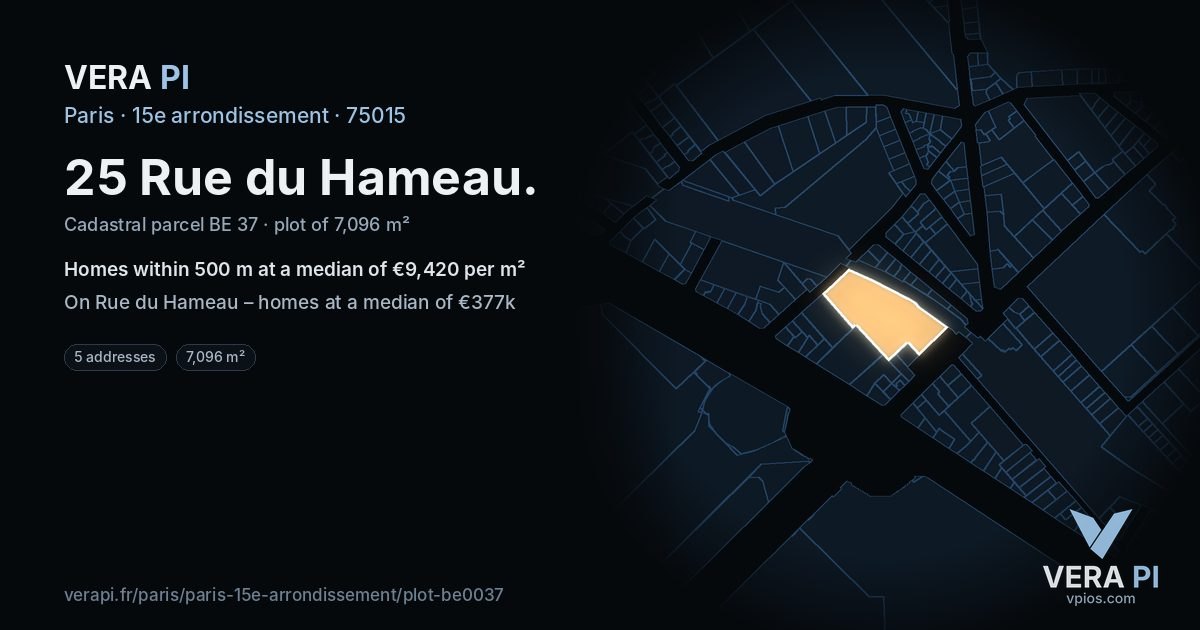 25 Rue du Hameau, 15e arrondissement at night – the plot lit, the parcels around coloured by the prices near them