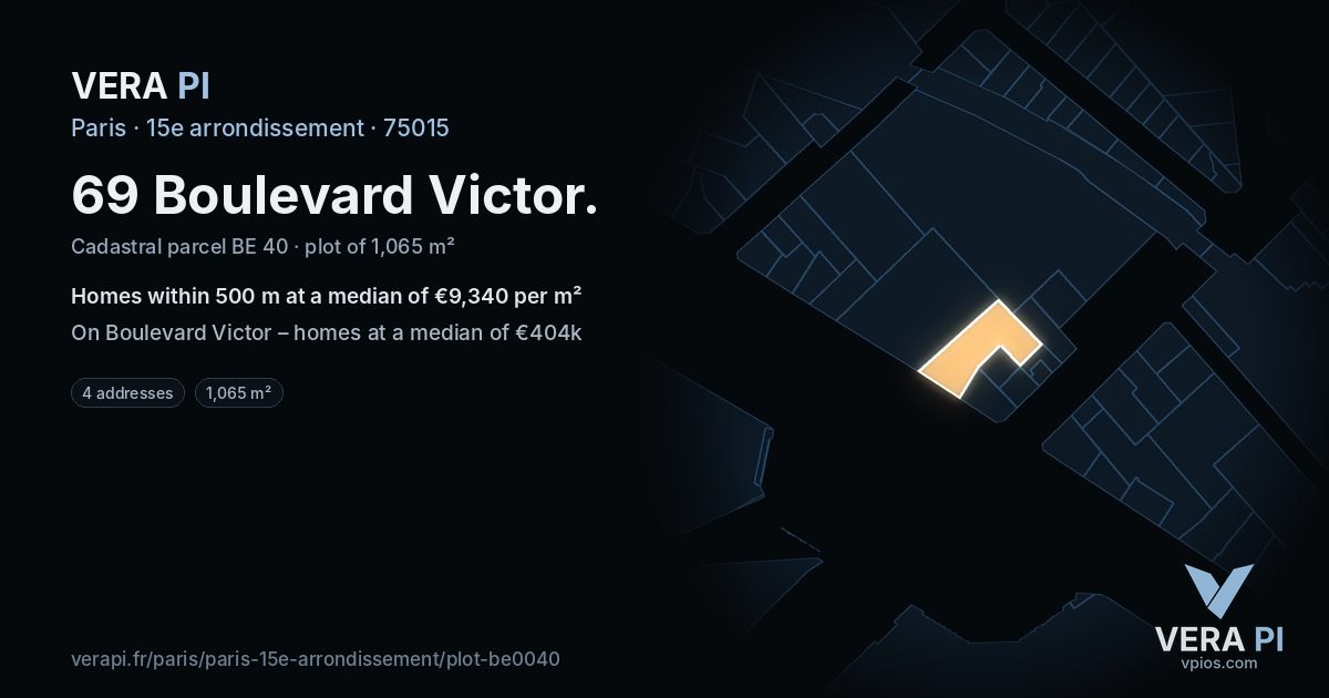 69 Boulevard Victor, 15e arrondissement at night – the plot lit, the parcels around coloured by the prices near them