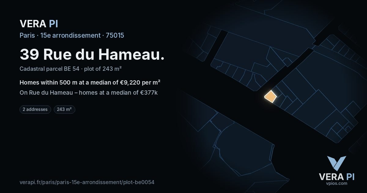 39 Rue du Hameau, 15e arrondissement at night – the plot lit, the parcels around coloured by the prices near them