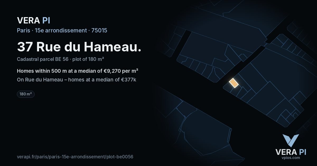 37 Rue du Hameau, 15e arrondissement at night – the plot lit, the parcels around coloured by the prices near them