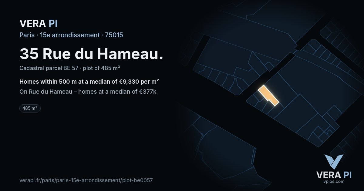 35 Rue du Hameau, 15e arrondissement at night – the plot lit, the parcels around coloured by the prices near them