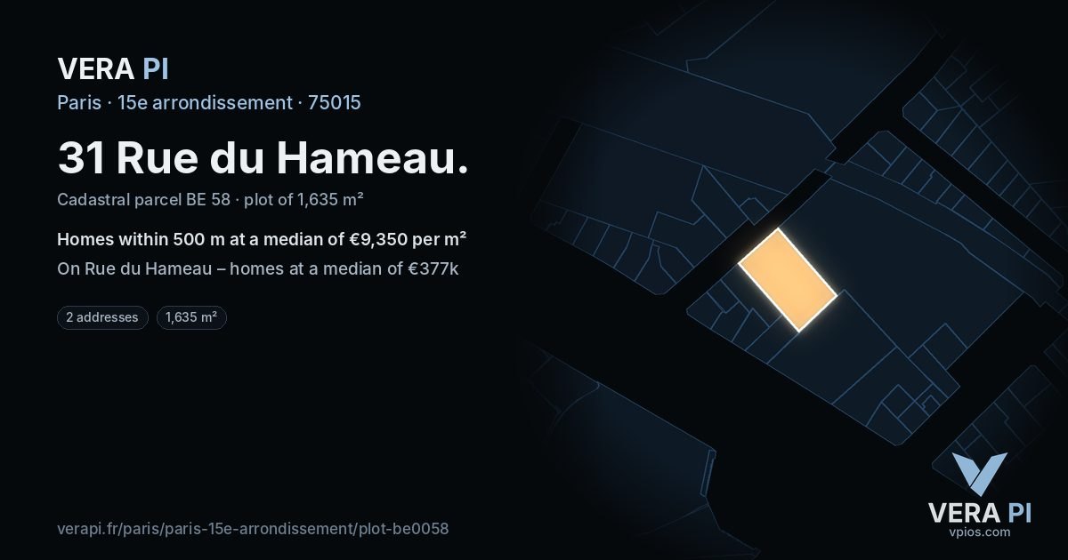 31 Rue du Hameau, 15e arrondissement at night – the plot lit, the parcels around coloured by the prices near them