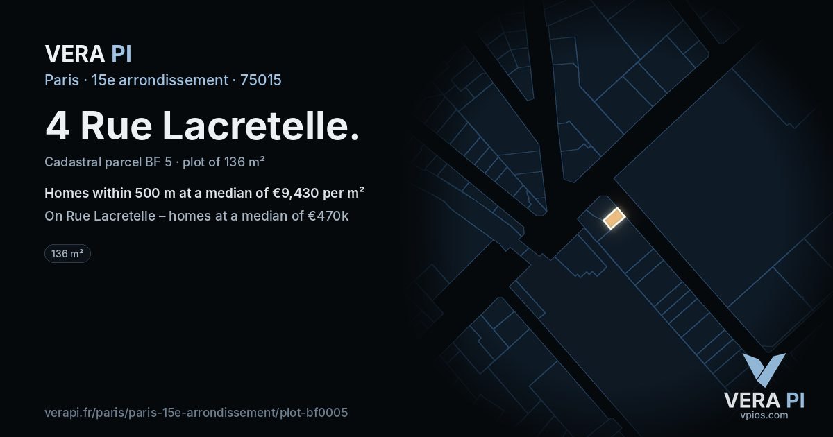 4 Rue Lacretelle, 15e arrondissement at night – the plot lit, the parcels around coloured by the prices near them