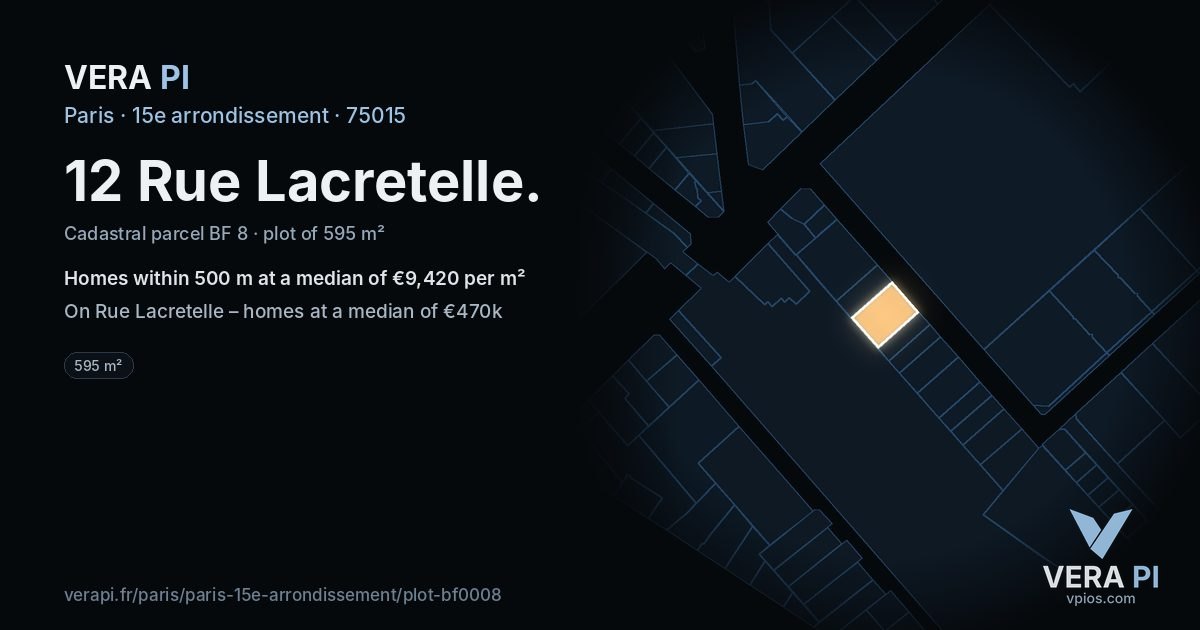 12 Rue Lacretelle, 15e arrondissement at night – the plot lit, the parcels around coloured by the prices near them