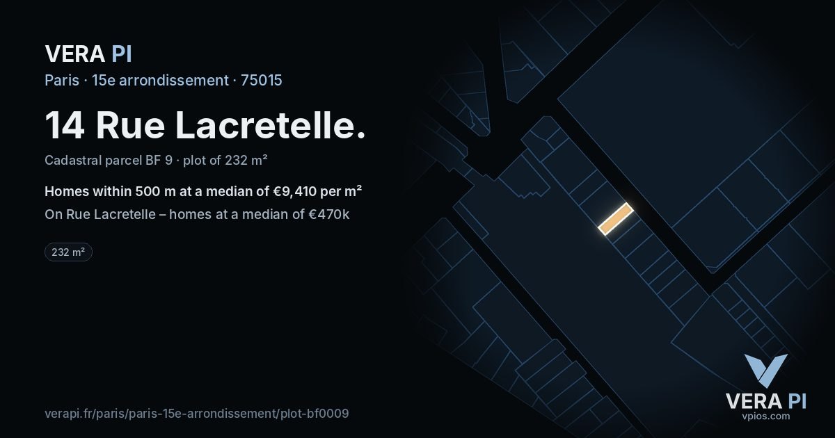 14 Rue Lacretelle, 15e arrondissement at night – the plot lit, the parcels around coloured by the prices near them