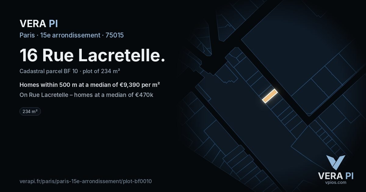 16 Rue Lacretelle, 15e arrondissement at night – the plot lit, the parcels around coloured by the prices near them