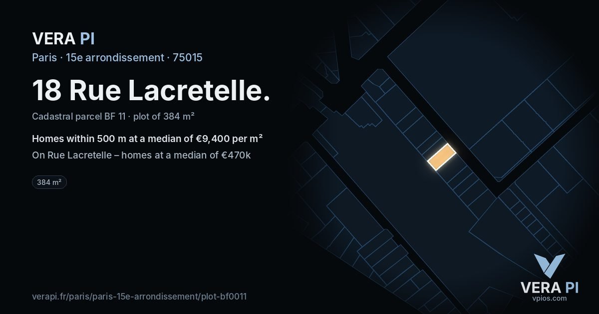 18 Rue Lacretelle, 15e arrondissement at night – the plot lit, the parcels around coloured by the prices near them