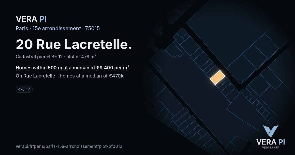 20 Rue Lacretelle, 15e arrondissement at night – the plot lit, the parcels around coloured by the prices near them