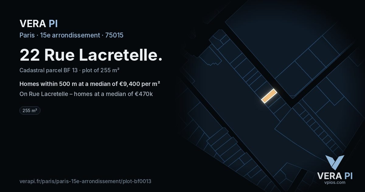 22 Rue Lacretelle, 15e arrondissement at night – the plot lit, the parcels around coloured by the prices near them