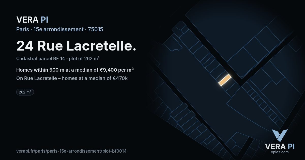 24 Rue Lacretelle, 15e arrondissement at night – the plot lit, the parcels around coloured by the prices near them
