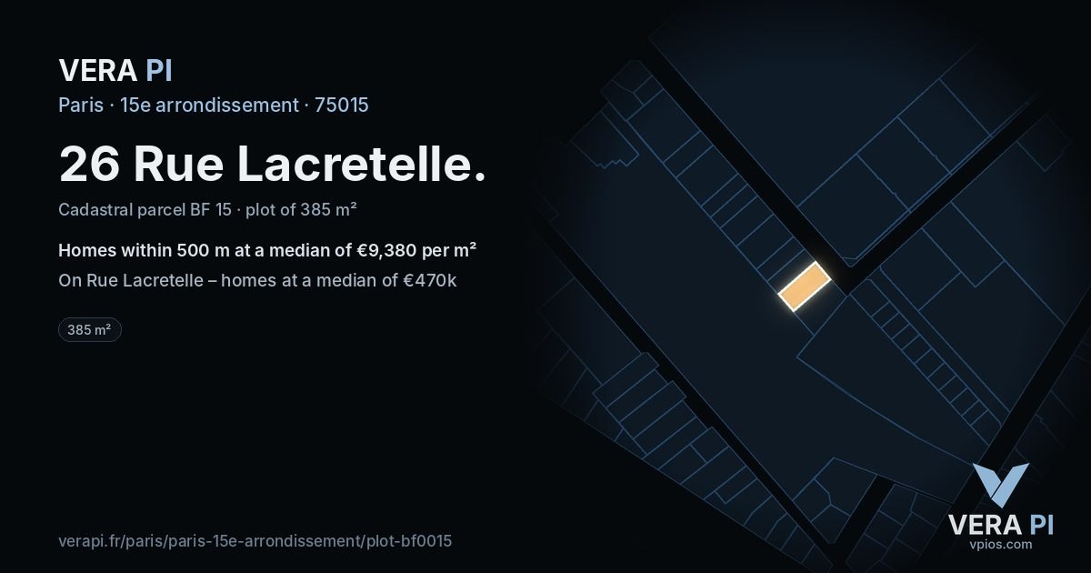 26 Rue Lacretelle, 15e arrondissement at night – the plot lit, the parcels around coloured by the prices near them