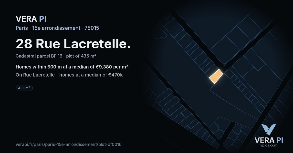 28 Rue Lacretelle, 15e arrondissement at night – the plot lit, the parcels around coloured by the prices near them