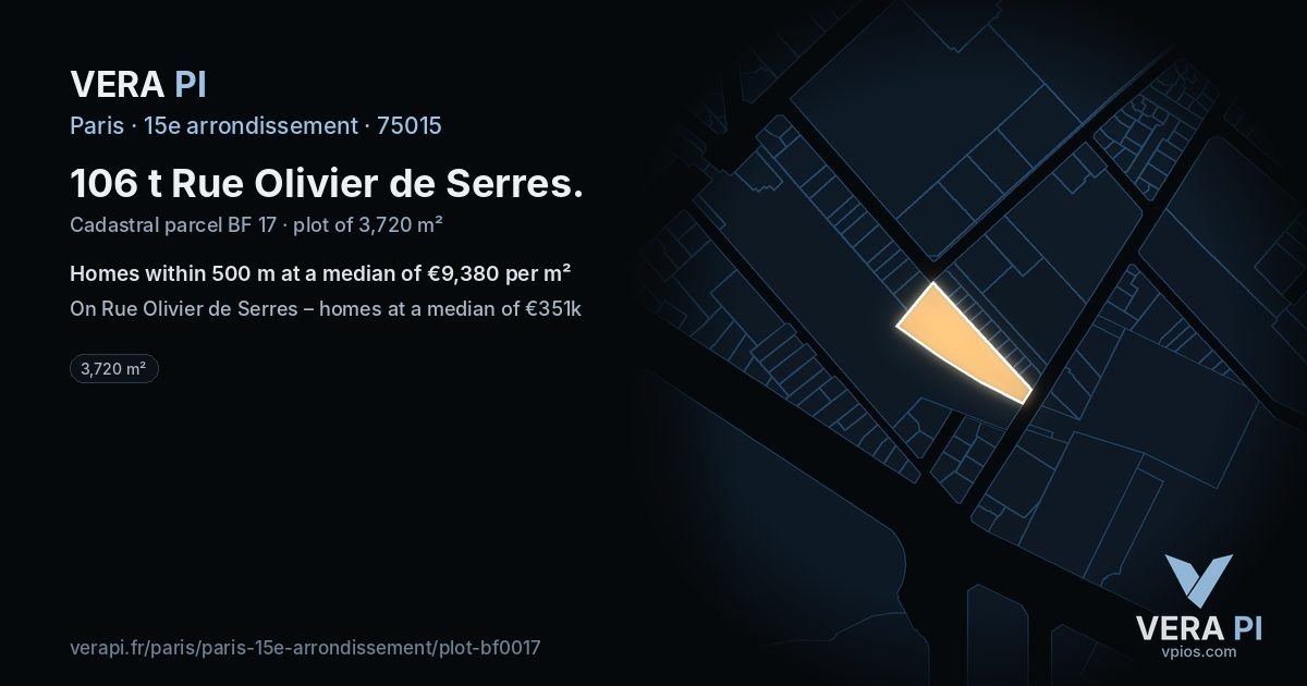 106 t Rue Olivier de Serres, 15e arrondissement at night – the plot lit, the parcels around coloured by the prices near them