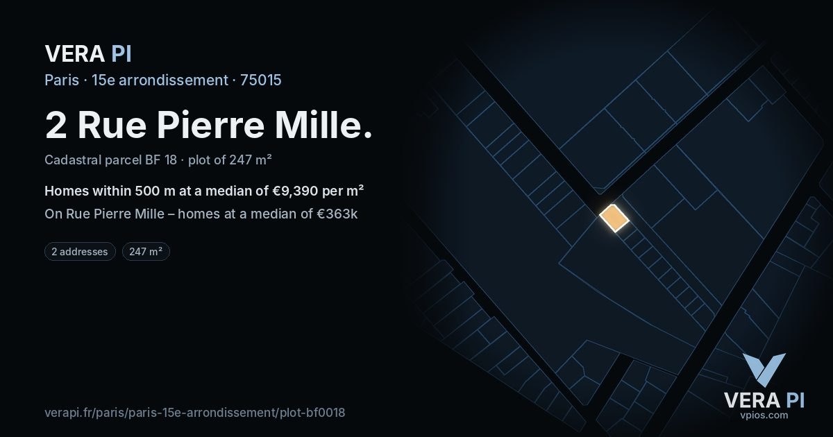 2 Rue Pierre Mille, 15e arrondissement at night – the plot lit, the parcels around coloured by the prices near them