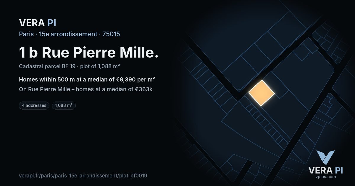 1 b Rue Pierre Mille, 15e arrondissement at night – the plot lit, the parcels around coloured by the prices near them