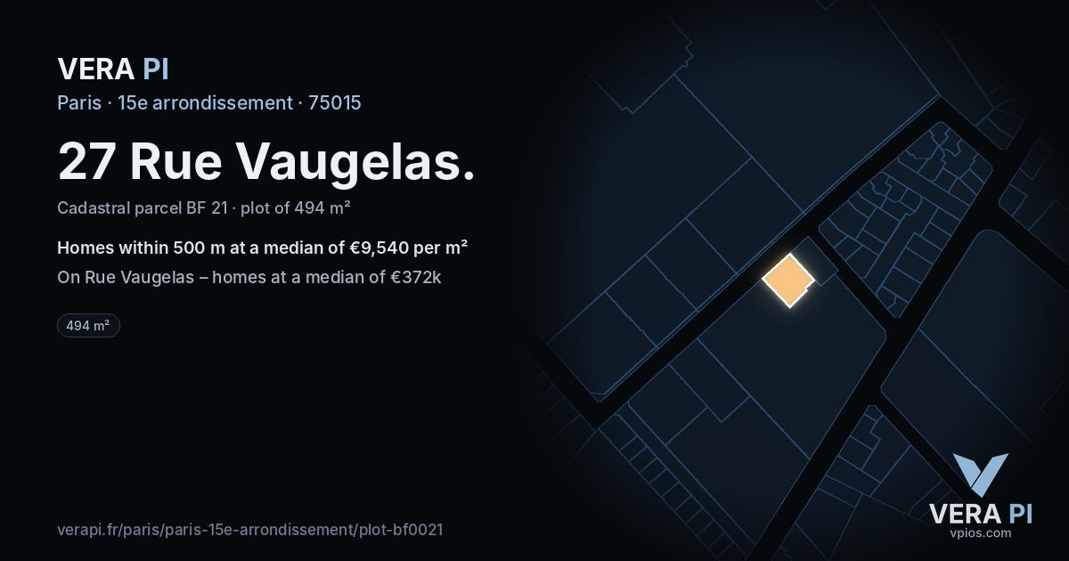 27 Rue Vaugelas, 15e arrondissement at night – the plot lit, the parcels around coloured by the prices near them